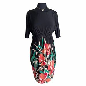 Evan Picone Black Multicolor Floral Elastic Waist Dress
